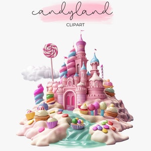 May include: A pink candy castle with a candy cane lollipop, a swirl of candy, and cupcakes on a pink and white candy land.