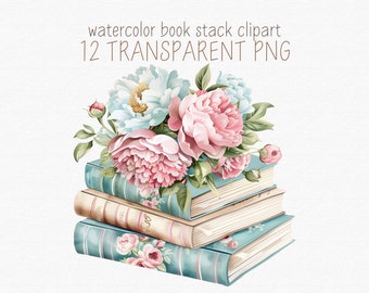 12 Book Stack Watercolor Clipart - Floral Stack Of Books Clipart - Watercolor Vintage Floral Books PNG - Books Clipart PNG - Commercial Use