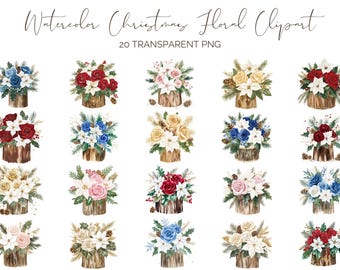 Christmas Floral Clipart - Watercolor Christmas Boquet - Poinsettia PNG - Watercolor Christmas Flower Digital - Christmas - Commercial Use