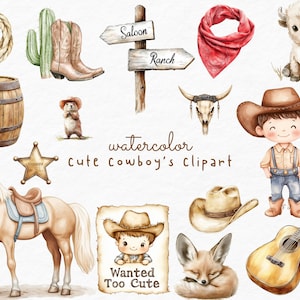 Clipart fofo de cowboy, clipart de cowboy em aquarela, faroeste, cowboy PNG, botas de cowboy, clipart de faroeste, primeiro rodeio, clipart de aniversário de cowboy