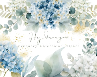 May include: Watercolor floral clipart featuring blue hydrangeas, eucalyptus leaves, and gold accents. The text "Hy Drangea" and "Greenery Watercolor Clipart" are also visible. This design is ideal for digital art projects, invitations, and stationery.