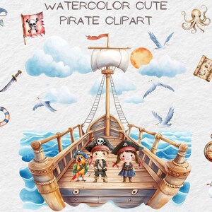 Watercolor Cute Pirate Clipart, Pirate Clipart Set, Pirate Ship, Watercolor Pirates, Nautical Clipart, Pirate Adventure, Pirate Party PNG
