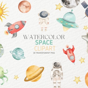 Clipart de aquarela de astronauta e espaço, impressão digital espacial, impressão de arte digital celestial, nave espacial de astronauta foguete estrelas lua sistema solar