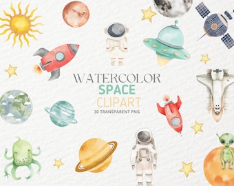 Astronaut and Space Watercolor Clipart, Space Digital Print, Celestial Digital Art Print, Astronaut Spaceship Rocket Stars Moon Solar System
