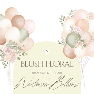 Watercolor Blush Balloon Clipart - Floral Balloon PNG - Balloon Clip Art - Pink Balloons - Party Balloons Digital - 5 PNG - Commercial Use