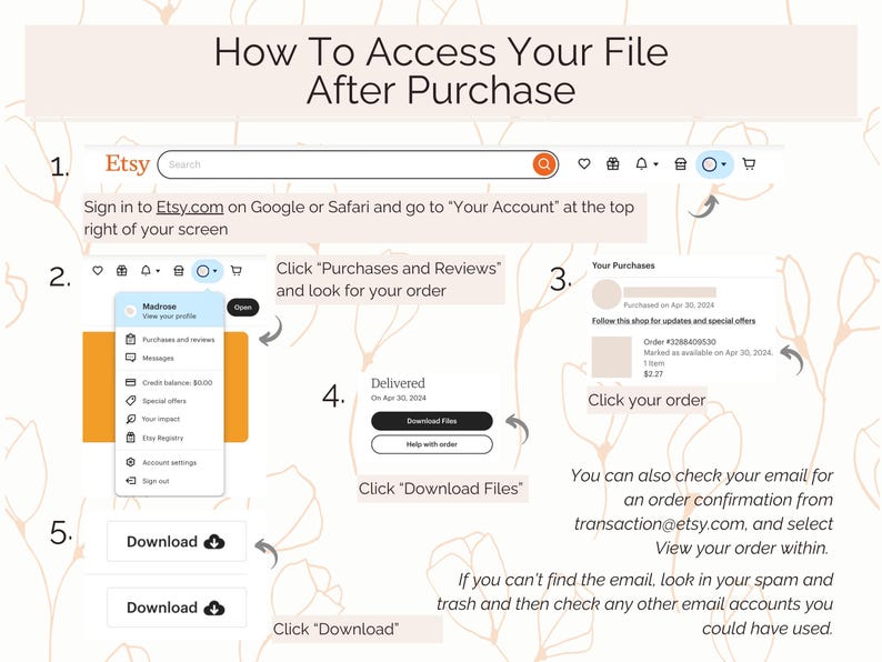 May include: A guide titled "How To Access Your File After Purchase" with numbered steps. It shows how to find and download files on Etsy after a purchase, including screenshots of the Etsy website and app.