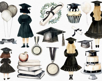 Watercolor Graduation Clipart, Graduation Cap, Graduation Hat, Student Clipart, Graduation PNG, Diploma PNG, Graduation Invite Clipart PNG