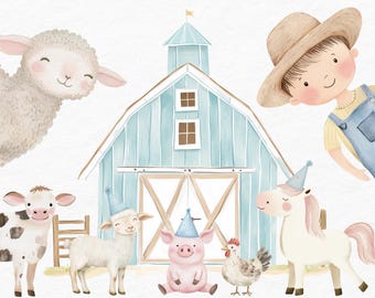 Watercolor Farm Animal Clipart Bundle, Nursery Decor, Baby Shower Decor ...