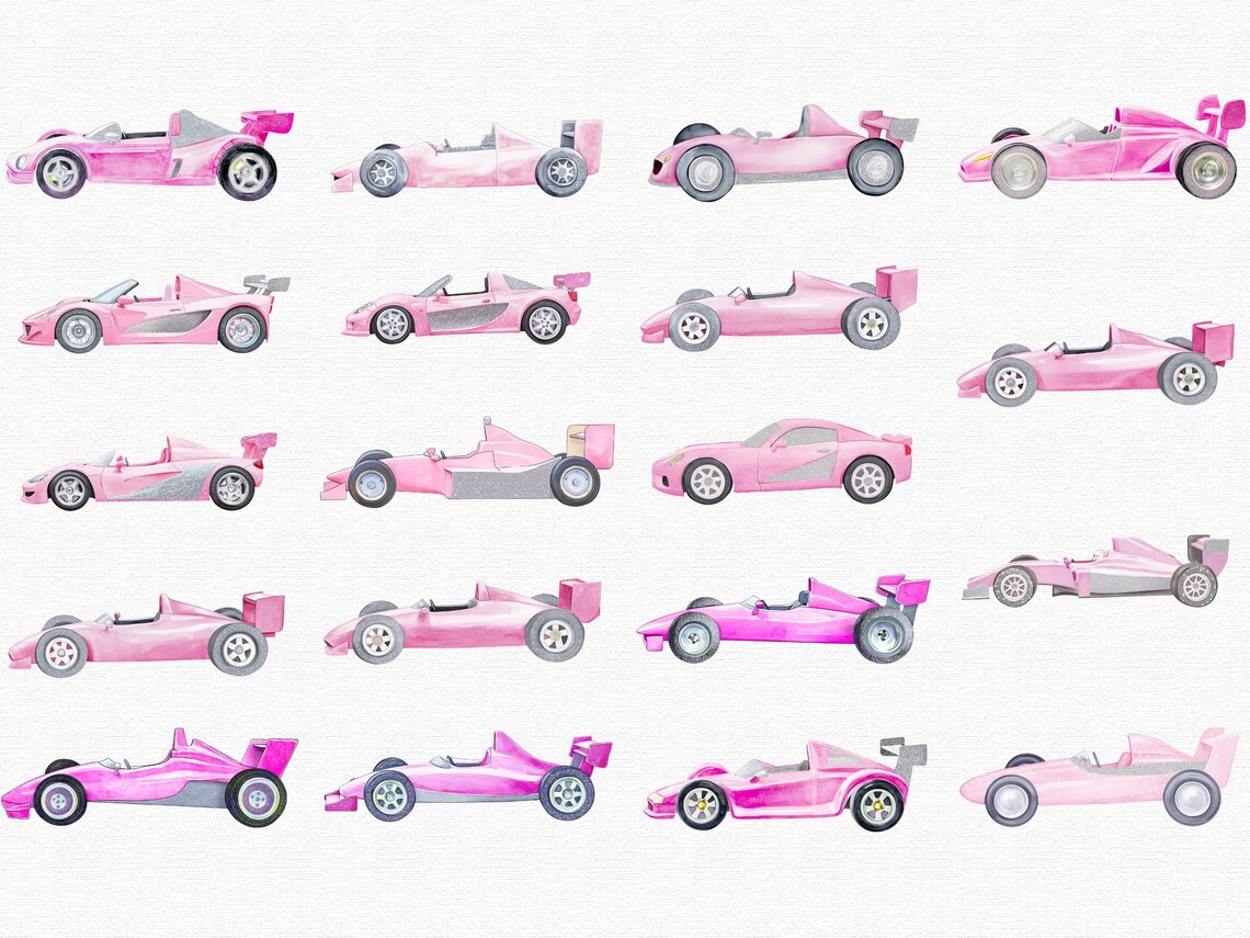Pink Racing Car Set Watercolor Pink Racecar Clipart - Racing Car Clipart - Racecar PNG ...