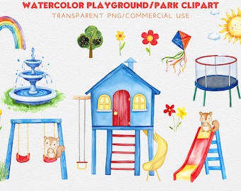 Watercolor Playground Clipart - Kid's Park - Boy's Playground PNG - Playground Birthday Party Invitation Decor - Kid's Play - Slide - Swing