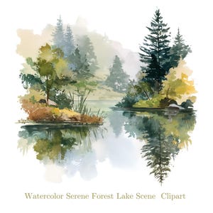 10 aquarel meer clipart png, serene bos meer scène, natuur landschap illustraties, bos meer clipart, aquarel landschap, commercieel gebruik