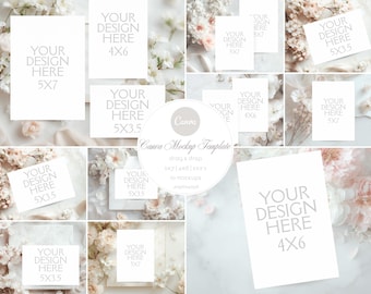 May include: A mockup template with various white cards of different sizes, including 5x7 and 4x6 inches, arranged with floral accents. The cards feature the text "YOUR DESIGN HERE". A circular graphic reads "Canva Mockup Template".
