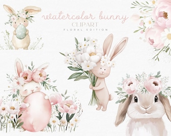 Easter Bunny Watercolor Clipart, Floral Easter Bunny Clipart, Cute Easter Clipart, Spring Floral Clipart, Easter Egg, Happy Easter Clipart