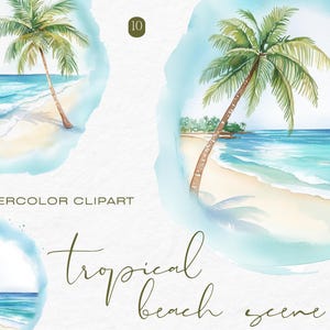 10 Watercolor Beach Clipart, Tropical Clipart, Beach Clipart, Watercolor Palm Tree Clipart, Watercolor Tropical, Island PNG, Commercial Use