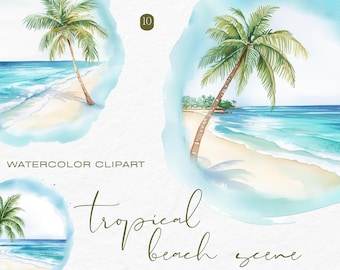 10 Watercolor Beach Clipart, Tropical Clipart, Beach Clipart, Watercolor Palm Tree Clipart, Watercolor Tropical, Island PNG, Commercial Use
