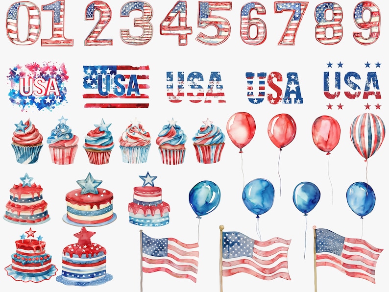 May include: Watercolor clipart set featuring red, white, and blue patriotic designs. Includes numbers 0-9, USA text, cupcakes, cakes, balloons, and flags.