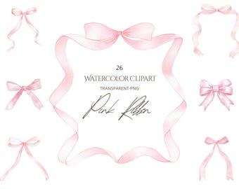 Clipart de lazos rosas de acuarela - Lazo de cinta rosa pastel - Marco de cinta rosa - Lindos lazos rosas - Uso comercial - Lazo PNG - PNG transparente
