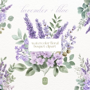 Clipart floral de acuarela, clipart de boda, clipart de flores de acuarela, clipart floral de boda, arreglos florales de lavanda y lila PNG