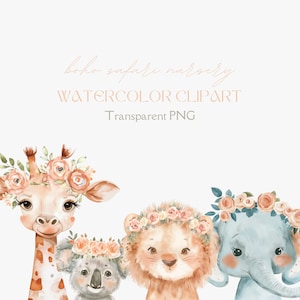 Boho Safari Watercolor Clipart, Safari Animals PNG, Safari Nursery, Boho Animals Clipart, Floral Safari Clipart, Baby Shower Safari