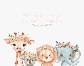 Clipart acquerello Boho Safari, PNG animali safari, Asilo nido safari, Clipart animali Boho, Clipart safari floreale, Safari baby shower