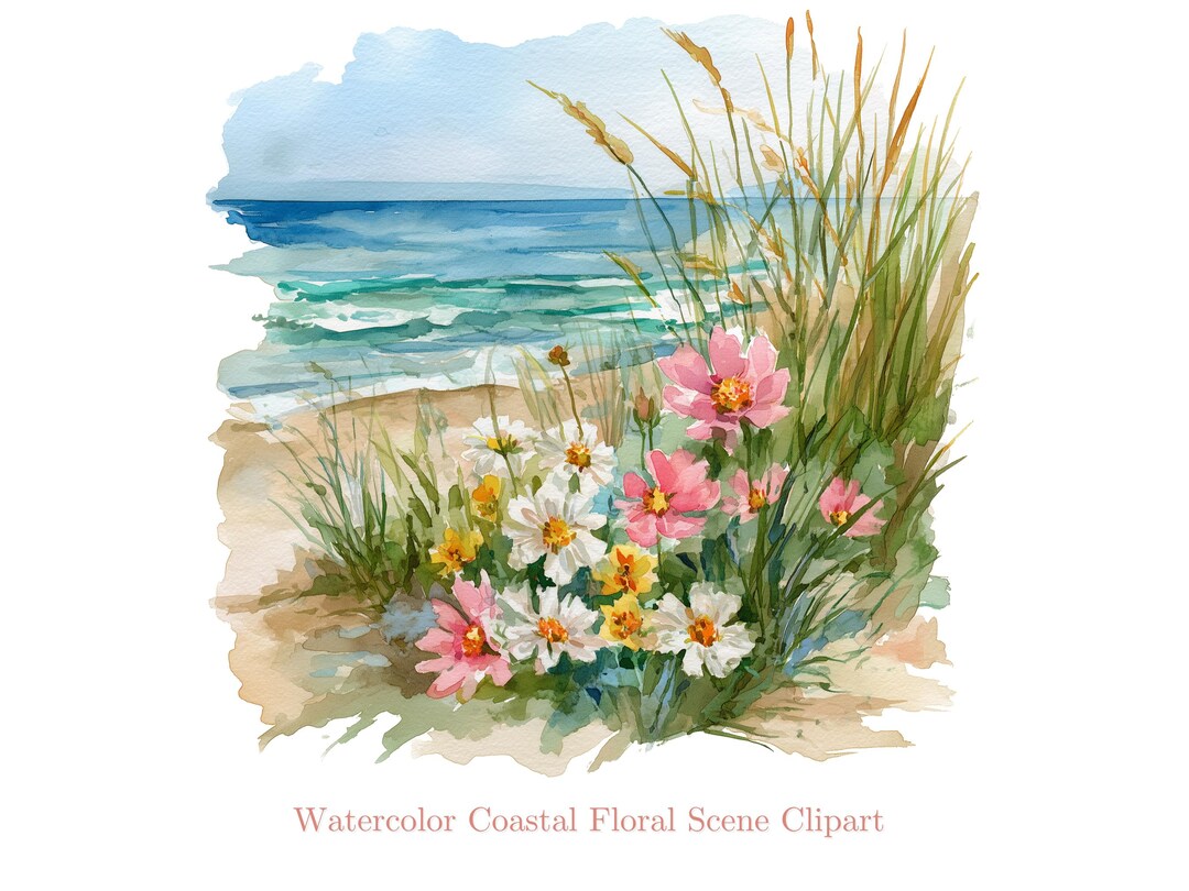 19 Watercolor Beach Clipart PNG | Coastal Floral Scene | Summer Clip ...