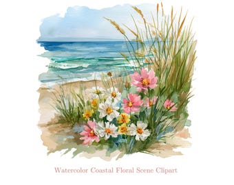 19 水彩画ビーチ クリップアート PNG | 海岸の花の風景 | 夏のクリップ