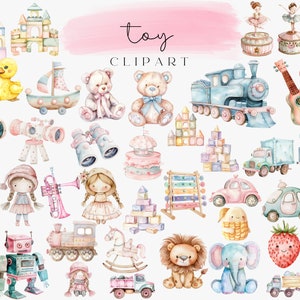 Aquarell Baby Spielzeug Clipart, Kinderzimmer Dekor, Kinderzimmer Kunst, Pastell Spielzeug Clip Art, Party einladen Clipart, Geburtstag Clipart, Spielzeug PNG, Baby Clipart
