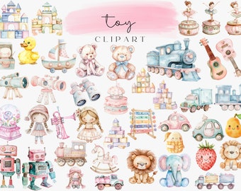 Clipart de juguetes de bebé en acuarela, decoración de guardería, arte de guardería, clip art de juguetes en colores pastel, clipart de invitación a fiesta, clipart de cumpleaños, PNG de juguetes, clipart de bebé