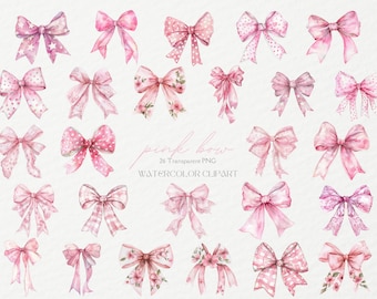 Clipart di fiocchi rosa acquerello - Fiocco di nastro rosa antico - Fiocco a quadretti rosa - Fiocco in pizzo - Fiocco floreale - Fiocchi rosa carini - Uso commerciale - Fiocco PNG