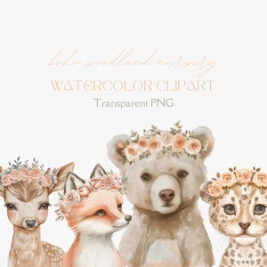 Clipart aquarelle bohème boisé, animaux de la jungle PNG, chambre d'enfant des bois, Clipart animaux Boho, Clipart floral forêt, baby shower bois