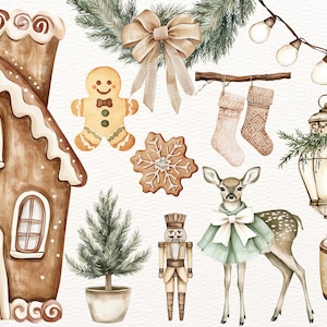 Watercolor Christmas Clipart, Boho Christmas, Ornaments Clipart, Christmas Wreath, Rustic Christmas, Neutral Christmas Clipart, Xmas Clipart