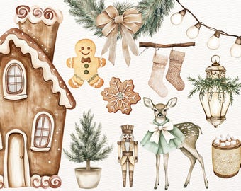 Watercolor Christmas Clipart, Boho Christmas, Ornaments Clipart, Christmas Wreath, Rustic Christmas, Neutral Christmas Clipart, Xmas Clipart