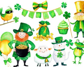 Aquarell St. Patrick Clipart PNG - Kleeblatt Aquarell - Kobold Clipart - Glückskleeblatt - Topf voller Gold - St. Patricks Tag PNG