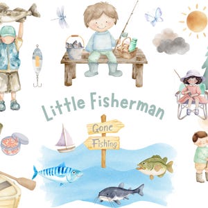 Clipart pêche aquarelle, clipart petit pêcheur, Clipart pêche pour enfants, aquarelle des cliparts pêche, usage Commercial, PNG transparent