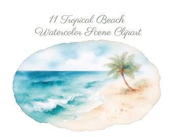 Watercolor Beach Scene Clipart: Tropical Island Palm Trees (PNG Digital Download, Commercial Use)