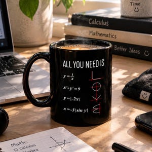 Puede incluir: Una taza de cerámica negra con el texto blanco ALL YOU NEED IS y una serie de ecuaciones matemáticas que forman la palabra LOVE. Las ecuaciones y=1/x, x²+y²=9, y=|-2x| y x=-3|sin y| están impresas en el frente de la taza.