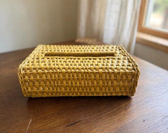 Vintage Mustard Wicker Tissue Box Cover Rectangular Woven Rattan Boho 1970s MCM