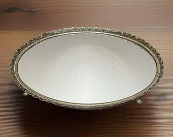 Vtg Oval Vanity Mirror Perfume Dresser Tray Gold Tone Filigree 9.5x13.5 Regency