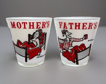 Vintage 50s Mother's & Father's Nite Cap Highball Glasses frosted bar novelty