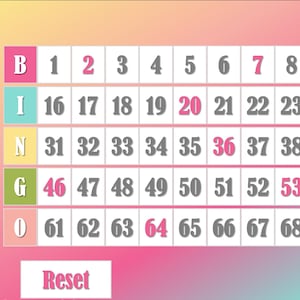 以下が含まれることがあります： 各列の上部にB、I、N、G、Oの文字が書かれたビンゴカード。1から75までの数字がグリッド状に配置されています。カードはピンク、ブルー、イエロー、グリーン、オレンジのグラデーションの背景になっています。カードの下部には「リセット」という言葉があります。