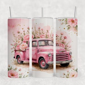 Pink Vintage Truck with Flowers 20oz Skinny Tumbler Wrap Digital PNG Download, 300 DPI, Sublimation File