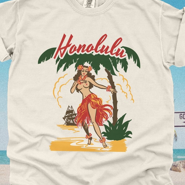 Vintage jaren '50 Honolulu Hawaiiaans shirt | Retro 1950 grafisch T-shirt, schattige trendy Boho-tops, wijde vakantie-strandtrui, zomer Hula Girl-T-shirt