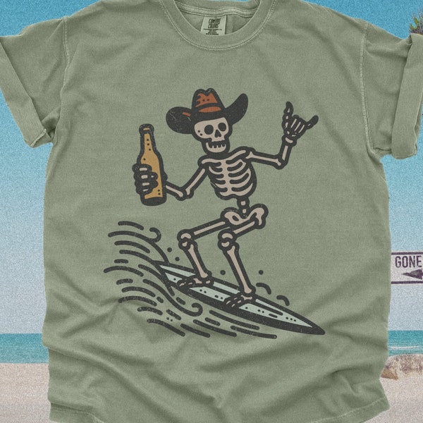 Vintage Surfer Skeleton TShirt | Hold My Beer Cowboy Surfing Shirt, Retro Y2K 90s Graphic Tee, Oversized Boho Beach Top, Farmcore Summer Tee