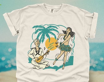 Vintage 1950s Hawaiian Shirt | Retro Hawaii Graphic Tee, Navy Ukulele Hula Girl Party, Cute Trendy Boho Beach Top, Summer Vacation Pullover