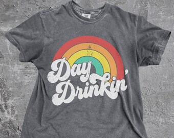 Retro Day Drinking T Shirt | Funny Vintage Rainbow Drinker Tee, Cute Trendy Boho Oversized Baggy T-Shirt, Cowgirl Party Pride Top, LGBTQ2