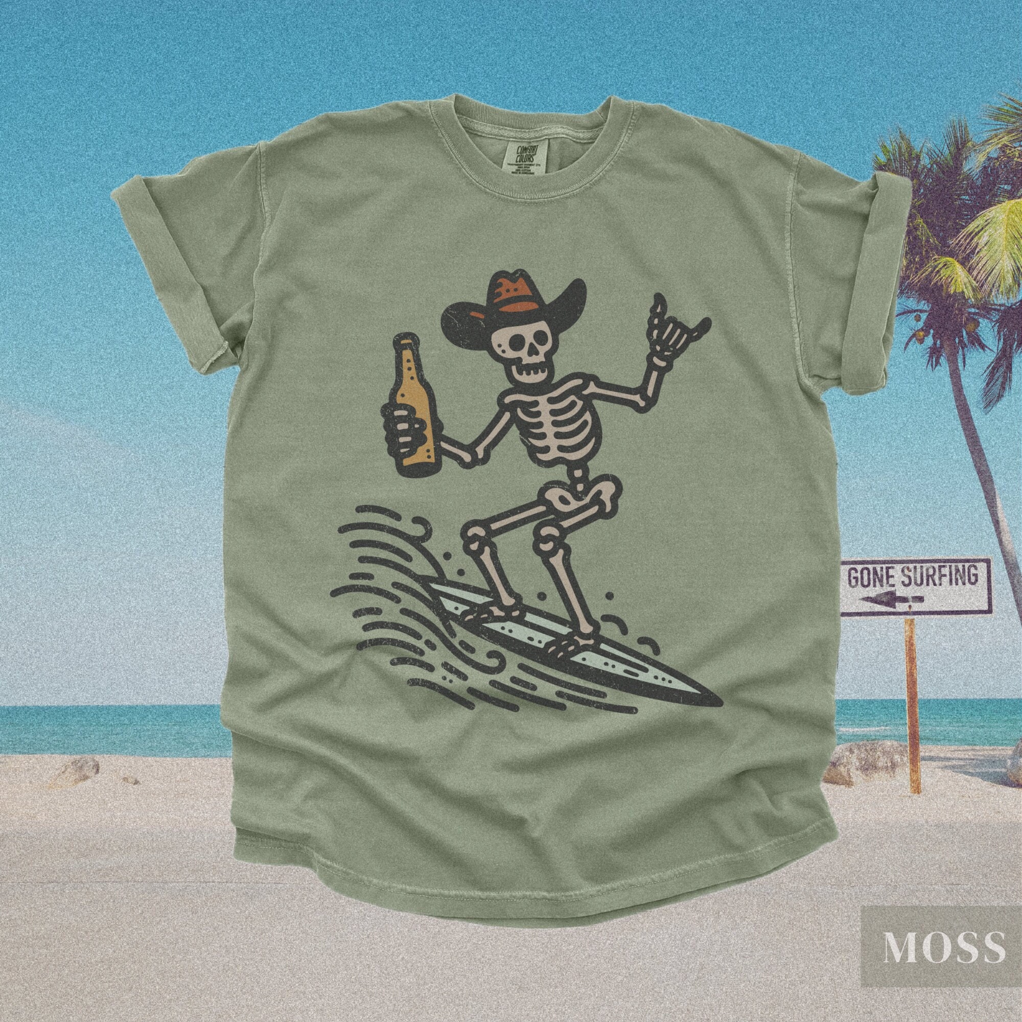 Vintage Surfer Skeleton TShirt | Hold My Beer Cowboy Surfing Shirt, Retro Y2K 90s Graphic Tee, Oversized Boho Beach Top, Farmcore Summer Tee