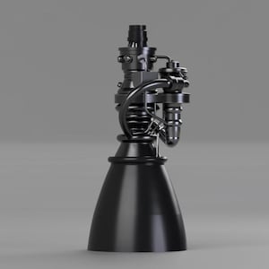 May include: A black rocket engine with a nozzle and a complex system of pipes and valves.