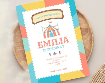 Circus Birthday Invitation Template, Carnival Kids Party Invite, Editable Canva Template, Printable Digital Download