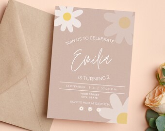 Editable Daisy Birthday Invitation Template, Floral Girls Party Invite (Digital Download)