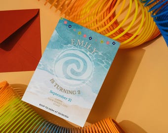 Invitación de Cumpleaños Tema Moana - Plantilla Digital 7x5" Editable en Canva